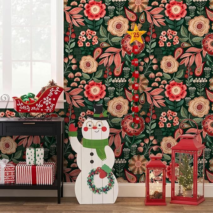 HAOKHOME Peel and Stick Wallpaper Boho Vintage Dark Floral Wall Paper Cottagecore for Bedroom Bathroom Accent Wall Green/Red/Cream 17.3in x 9.8ft