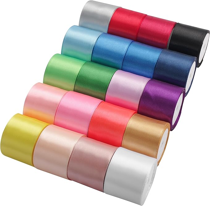 LIUYAXI 20 Colors Rainbow Ribbon Solid Color Assortment Double Face Satin Ribbon for Gift Wrapping Happy Birthday Wedding Party Decorations 1 1/2" X 5 Yard Each Total 100 Yds Per Package