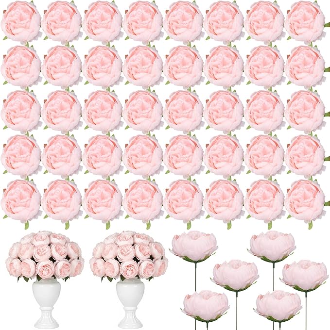 50 Pcs Artificial Peony Flower Bulk 3.5 Inch Silk Peony Flowers Heads with Stems Realistic Fake Roses for DIY Wedding Party Craft Bridal Bouquets Table Centerpieces Vase Home Decor(Pink)