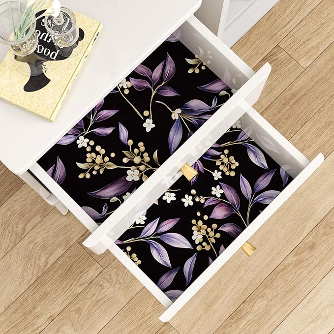 Dark Peel and Stick Wallpaper Vintage, Black Purple Leaf Removable Self-Adhesive Vinyl for Bathroom Bedroom Kitchen Drawer Cabinet, Golden Floral Pattern Wall Decor Retro Style 17.5" x 118"