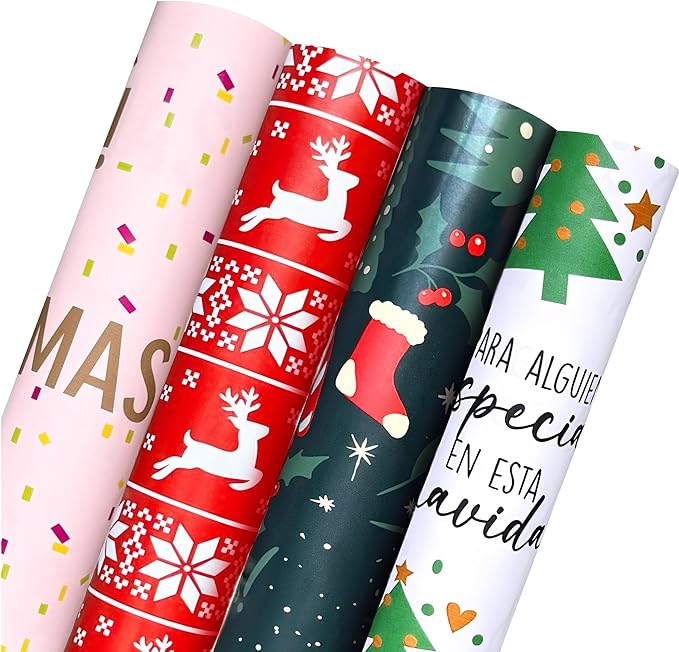 4 Rolls Christmas Wrapping Paper Rolls, 17 Inch x 16.5 Feet per Roll, Totaling 94 sq. ft. – Reindeer, Tree, Snowflake & Pink Letter Designs, Eco-Friendly & Durable Gift Wrap for Christmas Presents and Holiday Decorations