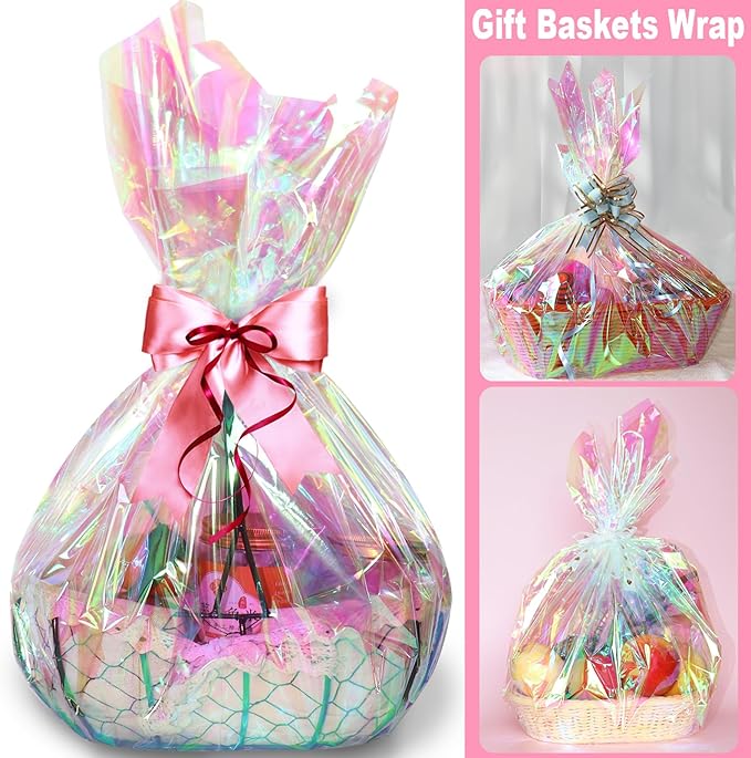 SYOGUA Iridescent Cellophane Wrap Roll, 34 in X 50 Ft, Ideal for Gift Baskets, Fairy Wings, DIY Crafts, Birthday & Christmas Gifts Wrapping