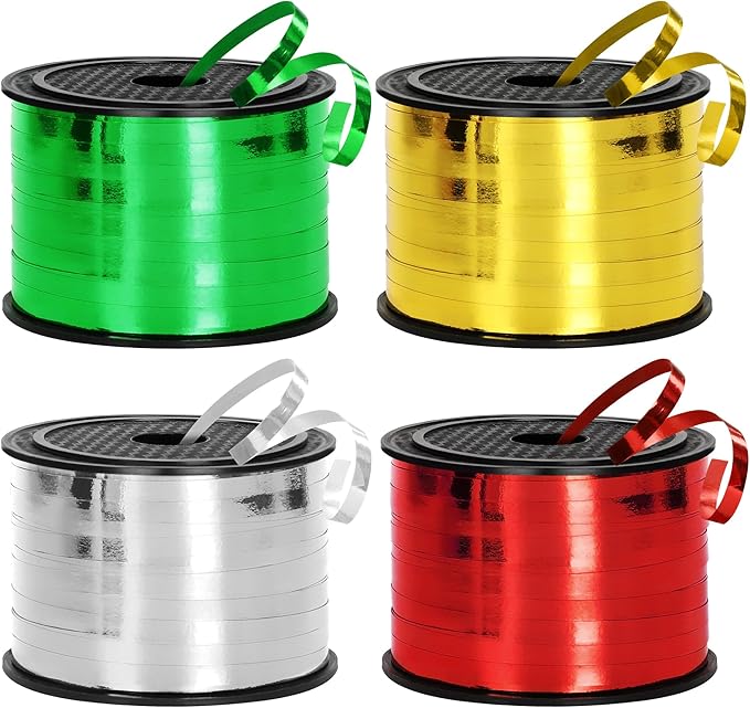 800 Yards Christmas Curling Ribbon, 4 Rolls Gift Wrapping Supplies, 1/5 Inches Wide Balloons String, Sparkling Plastic Xmas Metallic Ribbon, Christmas Decorations Holiday Wrapping Supplies for Craft