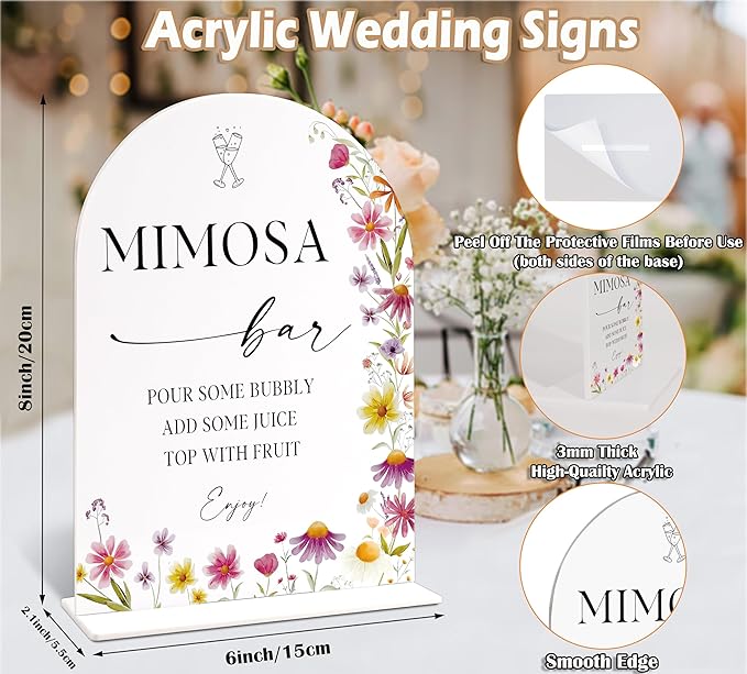 Mimosa Bar Sign for Wedding Table Decor, Wild Flower Arch Acrylic Wedding Signs for Reception, Floral Bridal Shower Engagement Party Decorations for Baby In Bloom Baby Shower