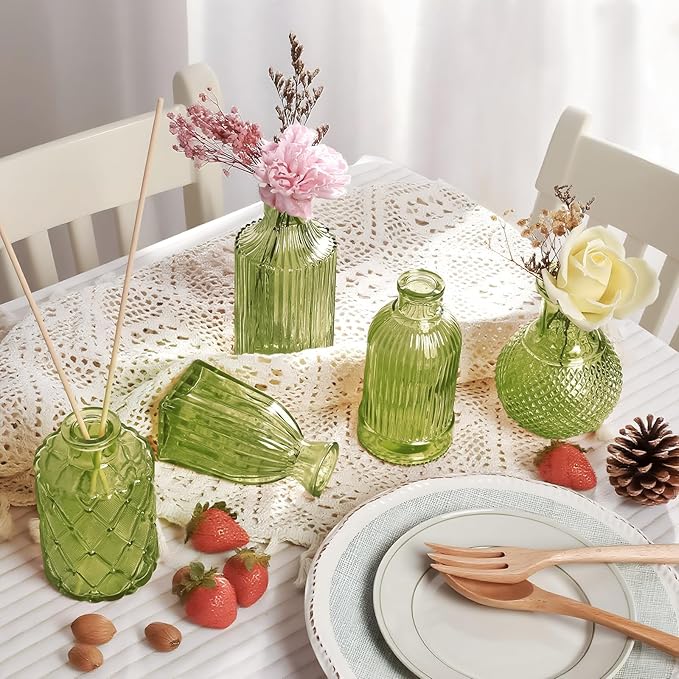 Green Small Bud Vases in Bulk 12, Vintage Embossed Flower Vases for Centerpieces, Boho Glass Vase for Flowers, Decorative Mini Vase for Wedding Decoration Party Baby Shower Home Dining Table