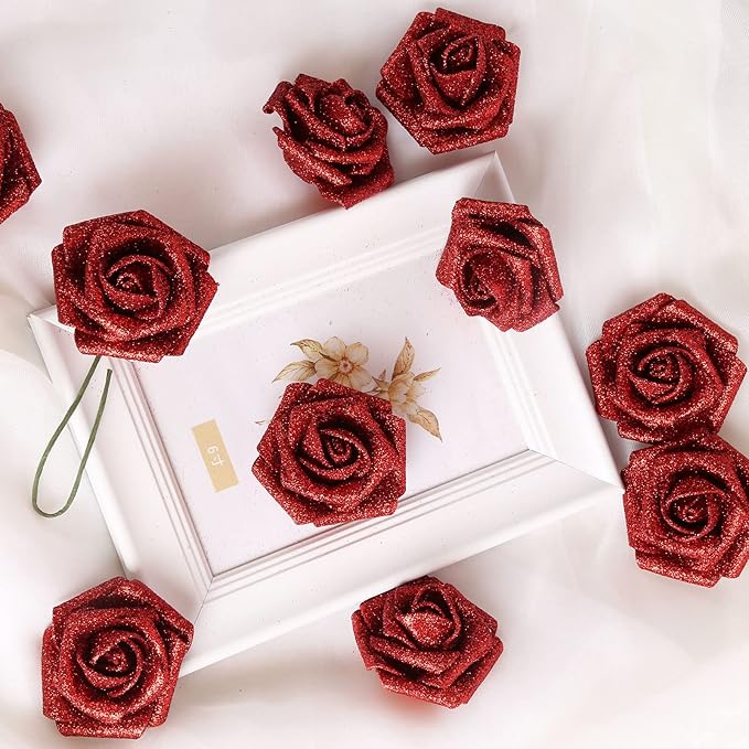 Artificial Flowers 30 pcs Red Glitter Roses Artificial Flowers with Stem, 2.36 in/6 cm Glitter Foam Roses Fake Flowers for DIY Wedding Bouquets Party Home Decor(Red)
