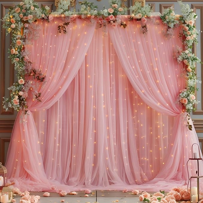 10x8ft Dusty Rose Tulle Backdrop Curtain with Lights String for Parites, Sheer Backdrop Curtains for Wedding Baby Shower Birthday Party Photo Shoot Decorations