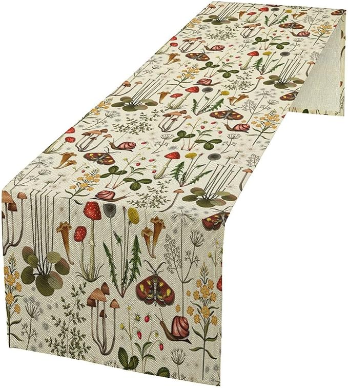 Vintage Mushroom Table Runner Rustic Farmhouse Wildflower Botanical Herbs Table Runner Boho Nature Plants Spring Summer Seasonal Dinner Runner for Home Kitchen Holiday Party Decor 13x70in