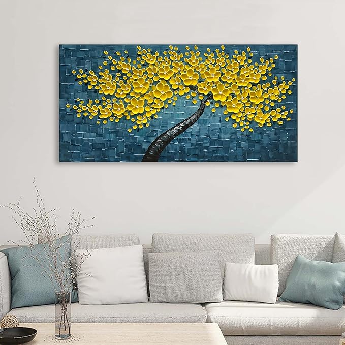 100% Hand Painted 3D Yellow Flower Tree Oil Painting Blue Canvas Texture Mural Living Room Bedroom Dining Room Mural 24x48 inches