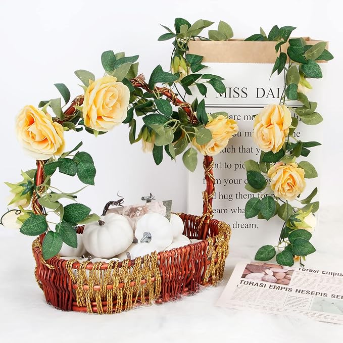 TELDRASSIL 4Pcs(26 FT) Artificial Rose Vine Fake Flower Garland Fake Silk Rose Hanging Vine for Wedding Party Background Arch Garden Background Decoration (Champagne)