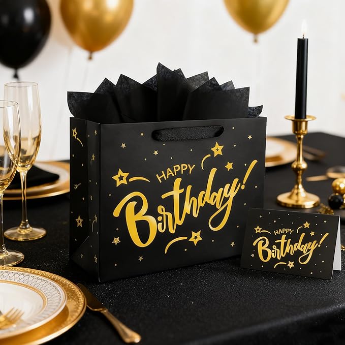 ASYEHJNR 13" Large Size Black Gold Birthday Gift Bag Twinkle Star with Metallic Gold Happy Birthday Sign Gift Bag with Greeting Card and Tissue Paper for Girls Boy Women Men Bday Supplies