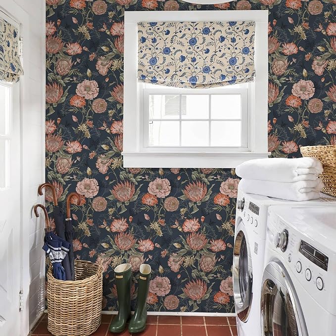 Floral Wallpaper Peel and Stick Floral Contact Paper Dark and Pink Vintage Wall Paper Removable Self Adhesive Vinyl Stick on Wallpaper for Bathroom Bedroom Decor 17.3in x 118in