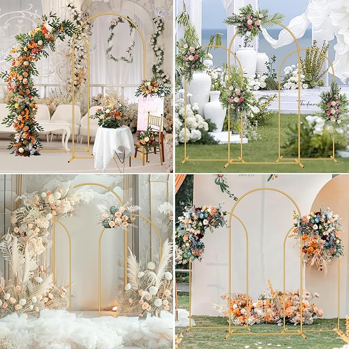 Metal Arch Backdrop Stand, Set of 3 (6/6.6/7.2 ft) Wedding Arched Frame with 12 Ground Nails and Storage Bag, Stable Arched Background Stand for Wedding, Baby Shower, Birthday Party, Photography, Gold