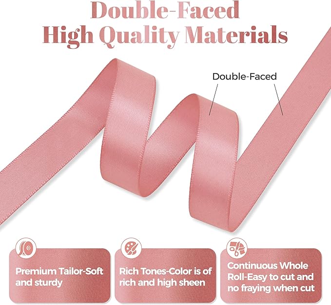 Rose Gold Satin Ribbon, Double Faced 5/8 Inch X 25 Yards Rose Gold Ribbon, Premium Satin Ribbon for Gift Wrapping, Crafts, Hair Bow Making, Sewing, Flower Bouquet, Wedding Party Decor