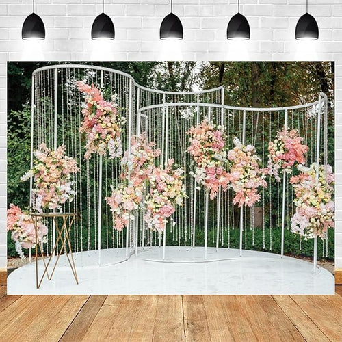 10x6.5ft Pink Floral Backdrop Green Leaves White Flowers Romantic Wedding Photography Background Natural Theme Birthday Banner Decorations Newborn Baby Shower Portrait Photo Booth Prop