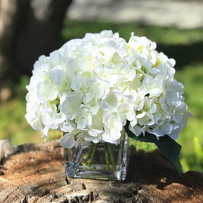 ENOVA HOME Artificial Hydrangea Silk Flowers Arrangements in Cube Glass Vase for Home Wedding