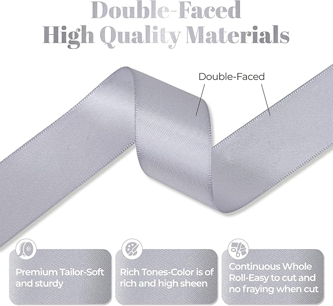 Gray Satin Ribbon, Double Faced 1 Inch X 25 Yards Gray Ribbon, Premium Satin Ribbon for Gift Wrapping, Crafts, Hair Bow Making, Sewing, Flower Bouquet, Wedding Party Decor