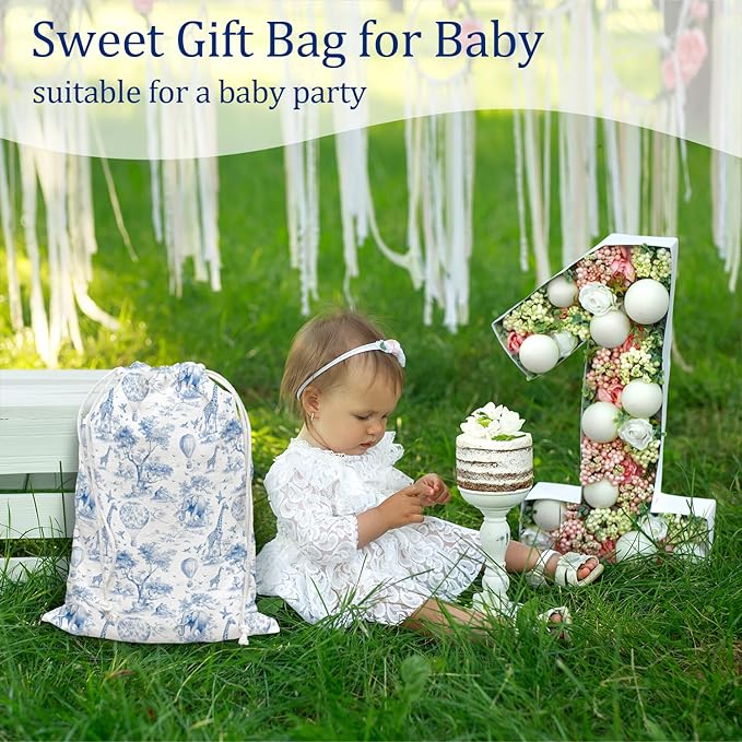 DSHFG Blue Safari Toile Chinoiserie Birthday Drawstring Gift Wrap Bags, Chinoiserie Animal Baby Shower Drawstring Gift Bags Canvas, Blue and White Small Happy Birthday Bag, Gifts for Women, 10x13 Inch