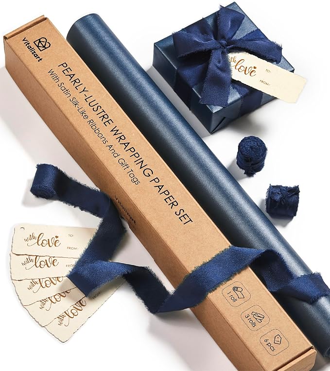 Vitalizart Blue Wrapping Paper Set 17" Pearly-Lustre With Silk Like Satin Ribbon & Gift Tags Recyclable Christmas Gift Wrapping Birthday Baby Shower Wedding Handmade Crafts 197"(16.4 Ft)