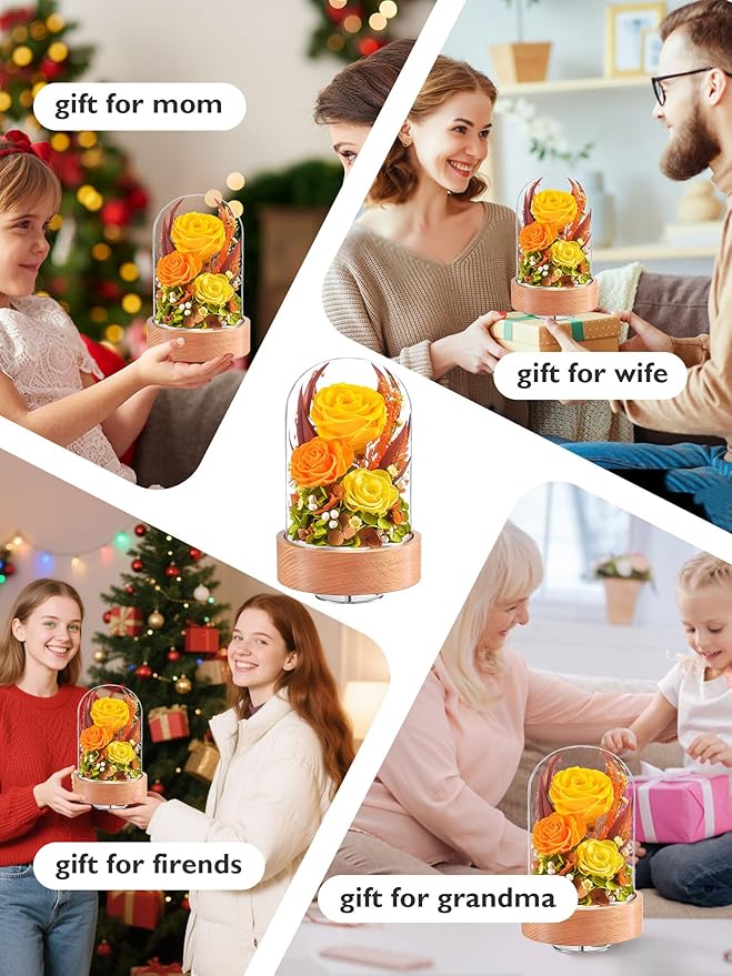 Eterfield Flowers for Delivery Prime, Christmas Preserved Roses Gifts for Women - Forever Flower in Glass Dome Birthday Gifts for Mom Wife Grandma Her Valentine’s Day (Yellow, Cylindrical)