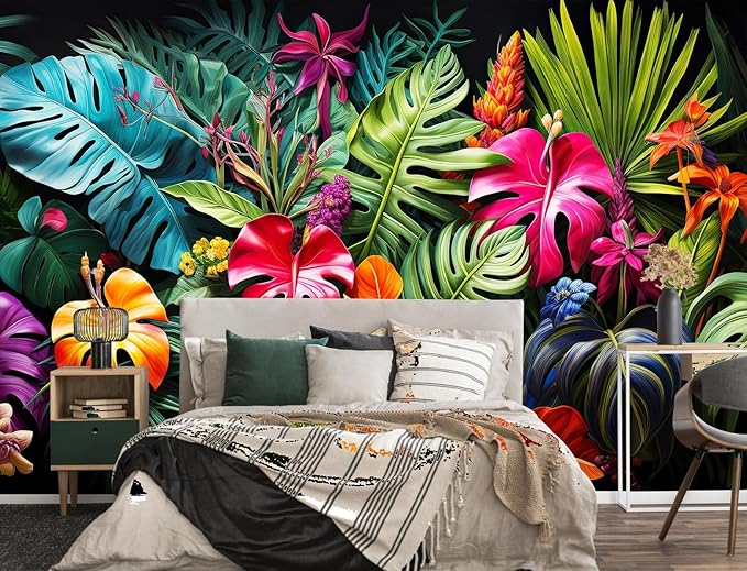 Tropical Jungle Wallpaper Peel and Stick Colorful Botanical Leaf Self Adhesive Wall Mural for Living Room Bedroom 82"x57"