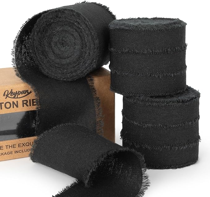 Black Ribbon 1-1/2" x 15Yd Handmade Fringe Cotton Ribbons for Wedding Invitations, Bridal Bouquets Wrapping, Bow Making DIY Crafts Home Decor for Halloween