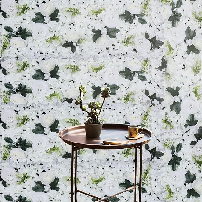 Gdrasuya10 6 Pcs Artificial Flower Wall Panels 3D Flower Background Panel for Wall, 60x40cm Wedding Flower Decorations Wall Silk Rose Panels for Party, Nail, Photo Areas, Stage Background (White)