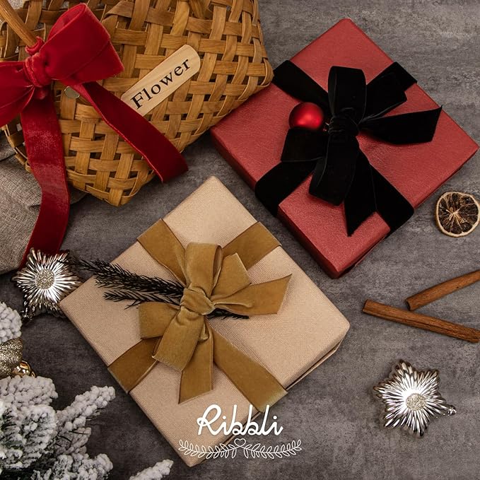 Ribbli Black Velvet Ribbon 1 Inches Continuous 25 Yard Spool Black Christmas Ribbon for Gift Wrapping Crafts Home Decor