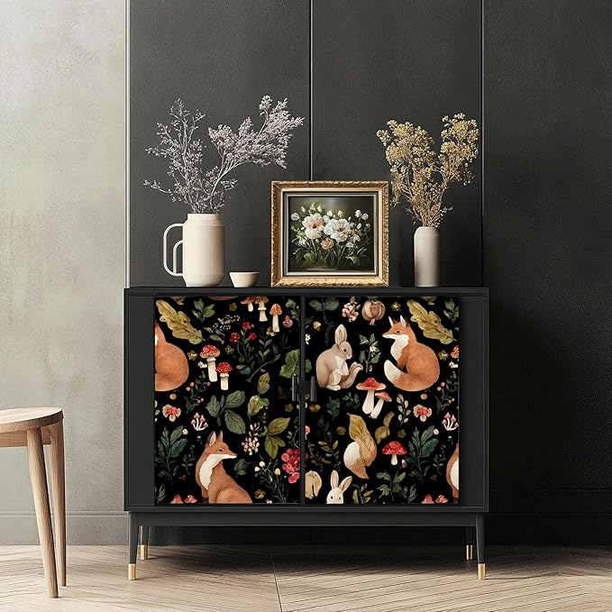 Vintage Fox Rabbit Mushroom Peel and Stick Wallpaper Removable Whimsical Botanical Leaf 17.7" x 236.22" Wall Paper Watercolor Self Adhesive Contact Paper for Classroom Bedroom laundry room bathroom