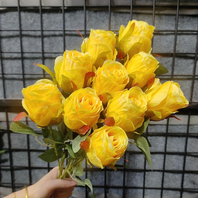 Artificial Roses 10 Pcs - Lifelike Single Stem Fake Roses with Natural Petal Texture,Fade-Resistant Silk Flowers for Wedding Decor,Home Vase Arrangements,Party Centerpieces(10, Yellow)