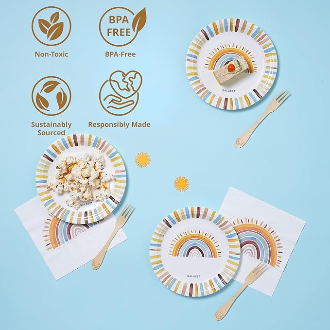 Sun Birthday Decorations – Sunshine Birthday Decorations Include Sun Rainbow Balloon Arch Kit, Pump, Cake Topper, Paper Plates, Napkins, Bamboo Forks, and Banner – Boho Party Decor, Serves 20 People