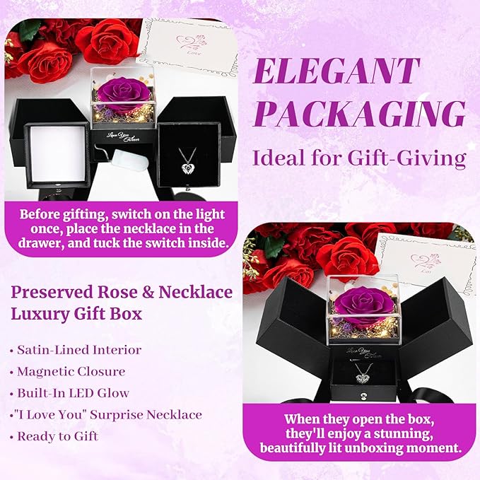 FIACO Gifts for Women Preserved Real Roses with I Love You Necklace Fresh Forever Flowers Birthday Gifts for Mom Grandma Wife Girlfriend on Anniversary Christmas Valentines Romantic Gift