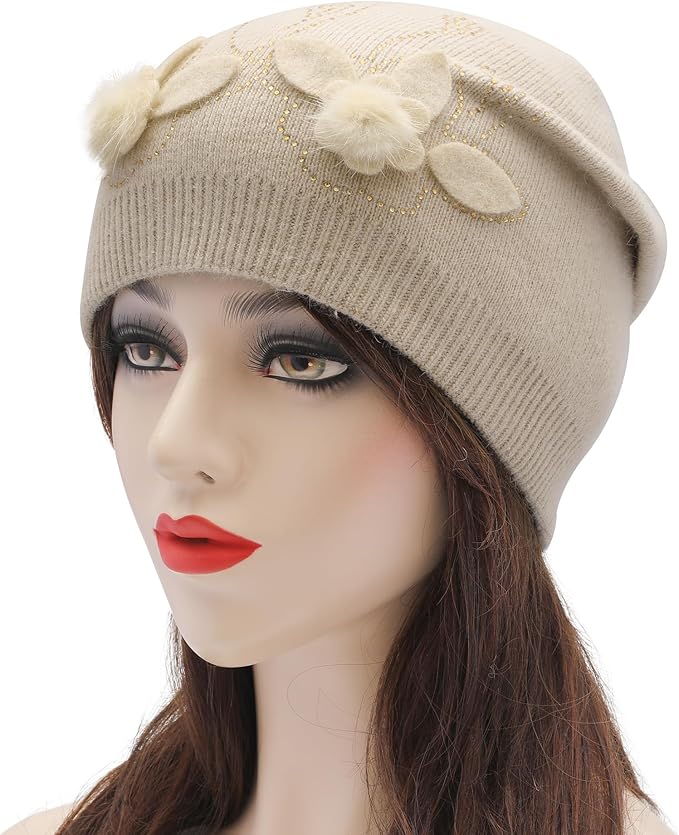 ZLYC Women Floral Slouchy Beanie Hat Double Layer Winter Knit Skull Cap