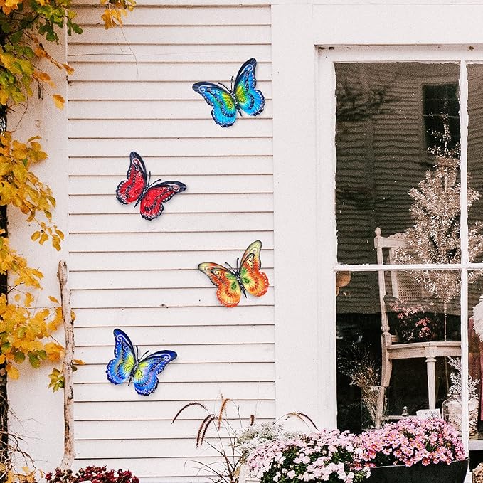 Metal Butterfly Outdoor Wall Decor- 6.5'' 3D Metal Colorful Hanging Double Wings Butterflies for Garden Yard Decoration Outdoor or Indoor Decor, Gifts for Mom Dad Friends (4 Pack)