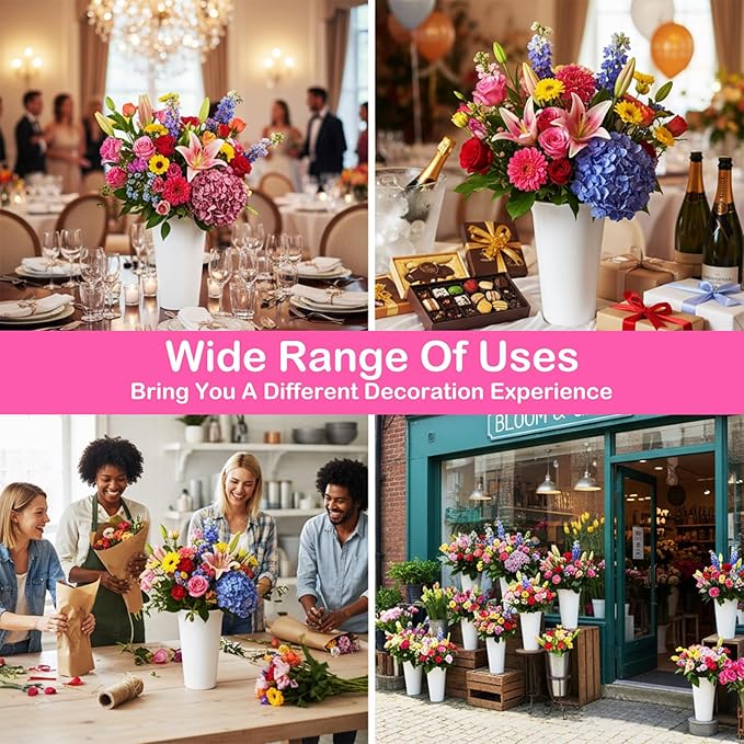 8 Pack Flower Buckets 9.84 Inch Plastic Flower Vases Modern Round Vases for Centerpieces Floral Display Decorative Buckets for Table Home Wedding Decorations (White)