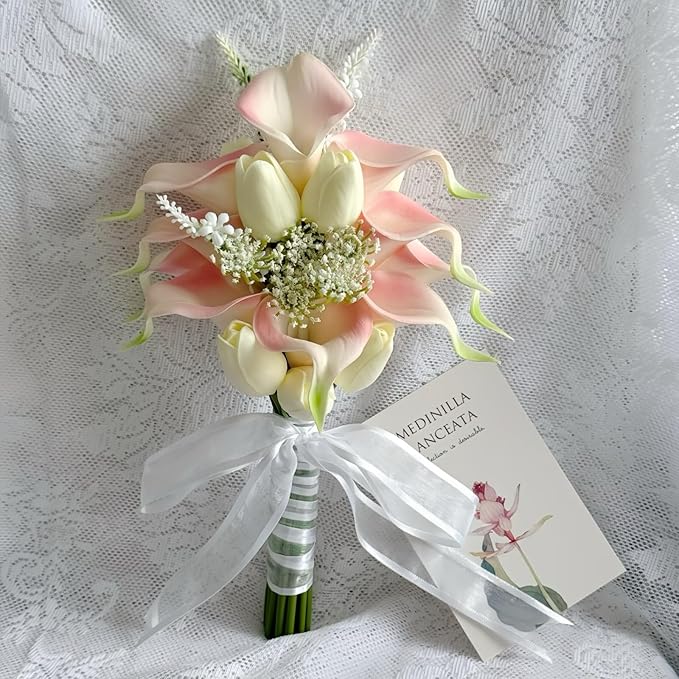 Floral Bouquet 12 Artificial Calla Lilies with 8 Artificial Tulip Flowers, Bridesmaid Bouquet with Wedding Ceremony Festivals Anniversary Bridal Rehearsal Party Bar Table Decor(Cream and Pink)