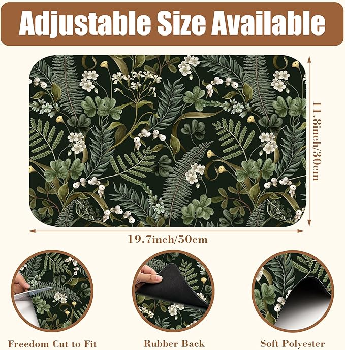 White Flowers and Berries Coffee Mat Fern and Leaves Dish Drying Mat Absorbent Hide Stain Rubber Backed Coffee Bar Accessories Fit Under Espresso Machine Dish Drainer, 11.8 x 19.7 Inch