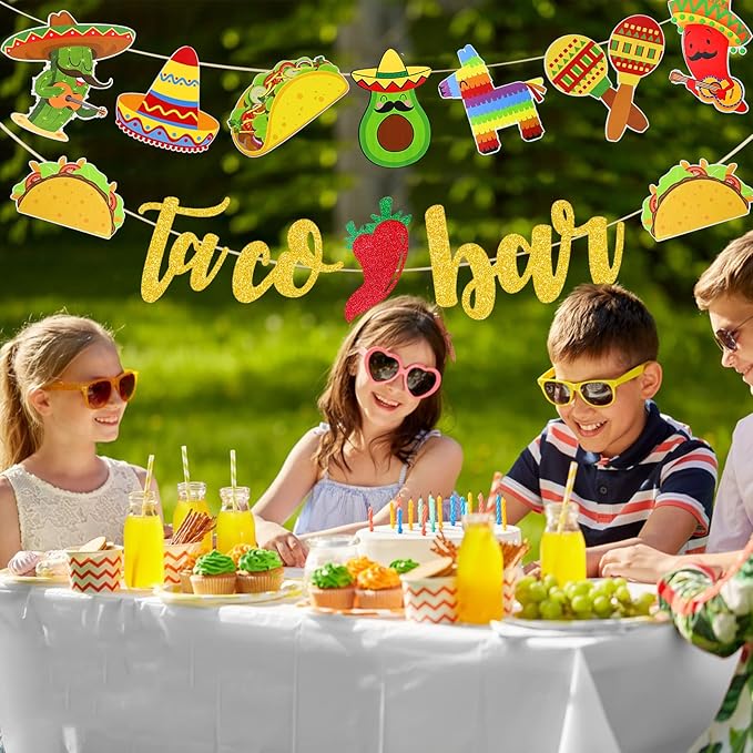 Fiesta Taco Bar Banner Garland 2 set Mexican Fiesta Party Banner with Cactus Donkey Maraca Sombrero Taco Pepper for Mexican Cinco de Mayo Fiestas Theme Party Supplies