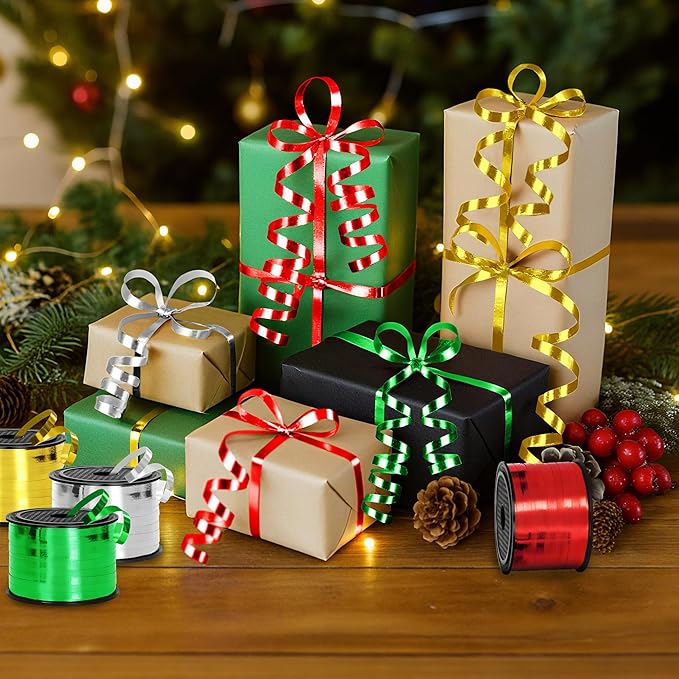 800 Yards Christmas Curling Ribbon, 4 Rolls Gift Wrapping Supplies, 1/5 Inches Wide Balloons String, Sparkling Plastic Xmas Metallic Ribbon, Christmas Decorations Holiday Wrapping Supplies for Craft