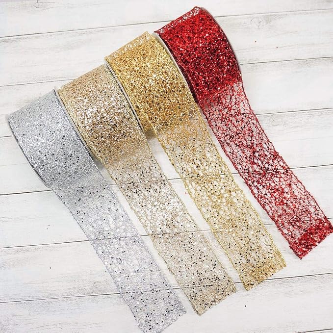 CT CRAFT LLC Sparkling Glitter Mesh Wired Ribbon 2.5" x 10 Yards Gold for Christmas Home Decor Bow Gift Wrapping DIY Crafts Wreath