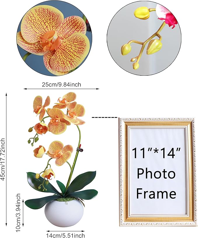 Forlaoers 17" Orange Artificial Orchids That Look Real with Pot Fake Orchid in Vase Artificial Flowers for Home Decor Indoor Office Table Centerpieces Bathroom Decoration