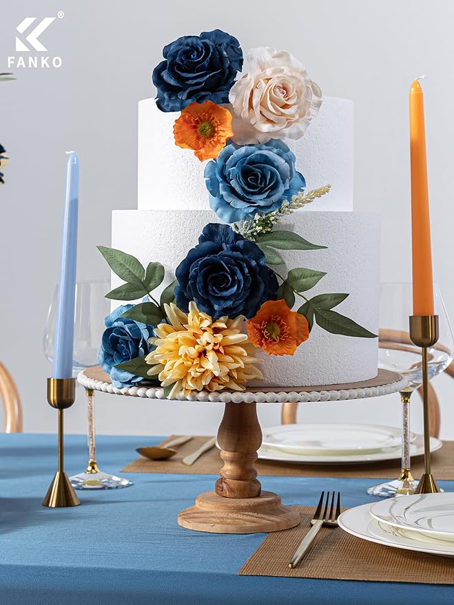 FANKO Artificial Flowers Navy Blue Rose, Mixed Fake Silk Flowers Combo Cream Rose Yellow Chrysanthemum Vintage Assorted Blooms for DIY Wedding Bridal Bouquets/Centerpieces/Home Decor