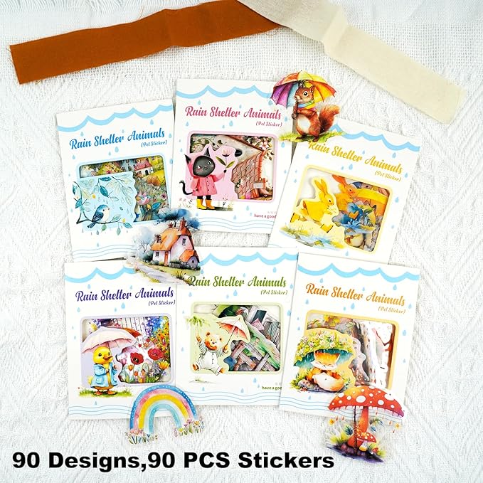 Rain Shelter Animals PET Stickers – 90PCS Whimsical Stickers with Watercolor Animal Designs for Scrapbook, Journal, DIY Crafts, Waterproof