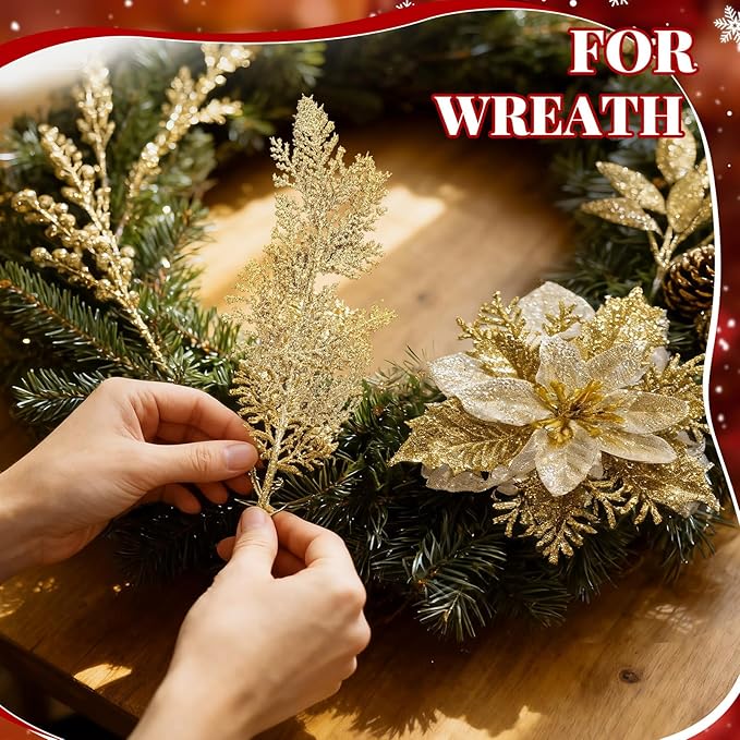 Yerliker 108 Pcs Gold Glitter Christmas Picks and Sprays, 12 Styles Artificial Christmas Floral Berry Branches Flowers Stems for Xmas Tree Ornaments Wreath Garland DIY Vase Holiday Party Decor