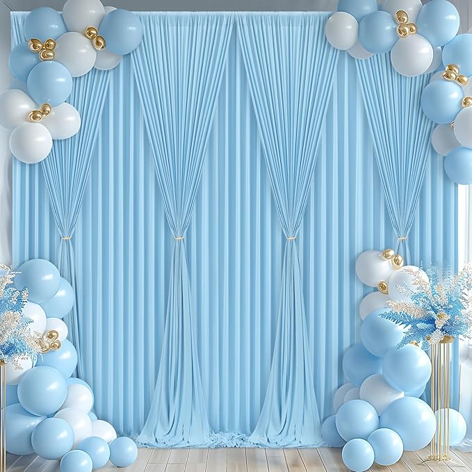 Blue Backdrop Curtains 8 Panels - Wrinkle-Free Light Blue Curtains Polyester Photography Drapes Photo Background for Baby Shower Birthday Party Decorations- 32 X10FT (Blue)