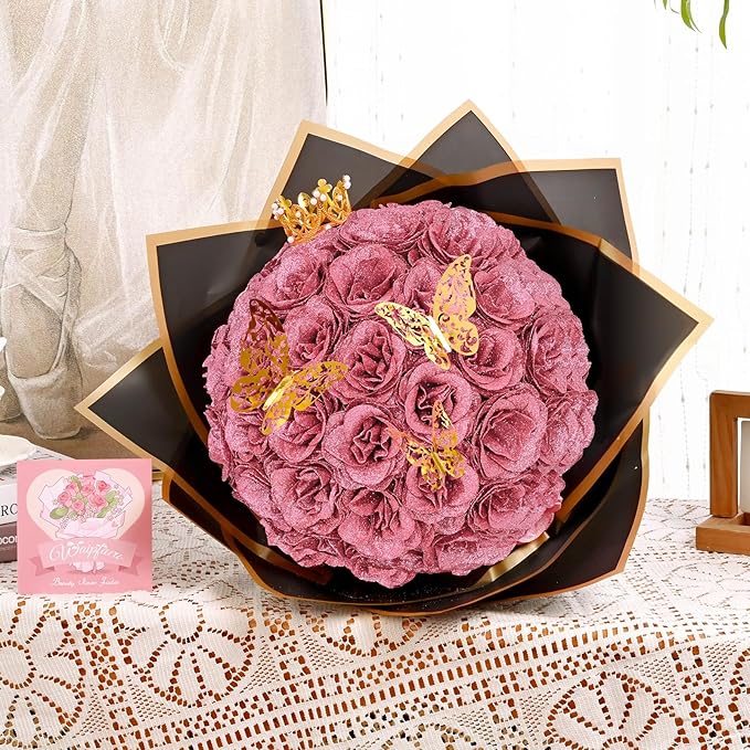 Waipfaru Glitter Roses Bouquet, DIY Fake Flowers Bouquet, Rose Gold Artificial Flower, Valentines, Anniversary, Engagement, Wedding, 36 Pcs