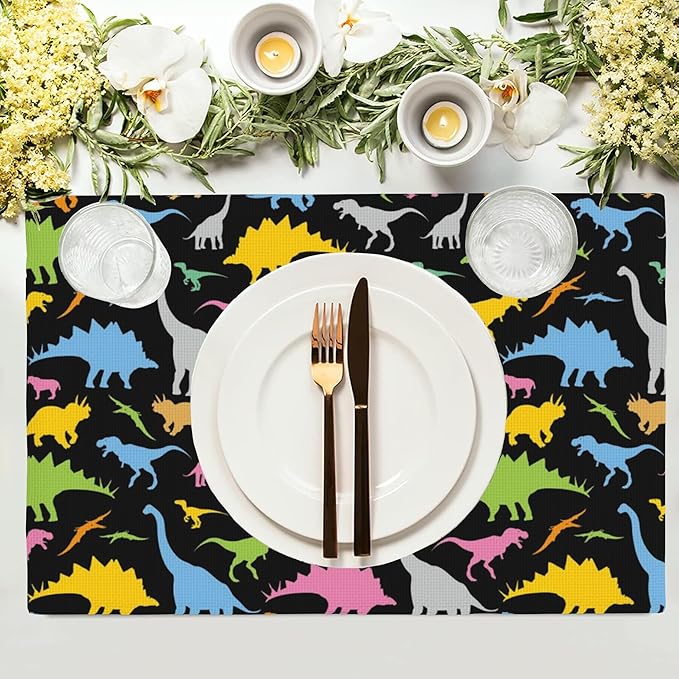 Colorful Dinosaur Placemats Set of 4, 12x18 Inch Non-Slip Washable Heat Resistant Linen Fabric Table Mats,Place Mats for Holiday Party