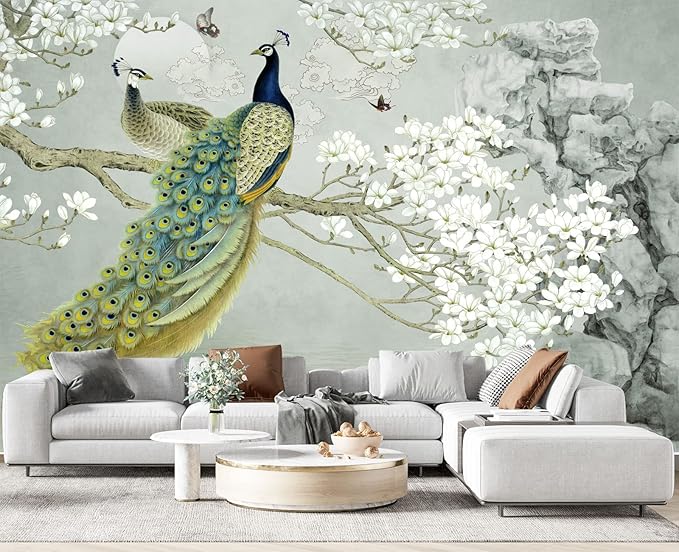 Magnolia Flower Peacock Chinoiserie Wallpaper for Bedroom 178" x 117"