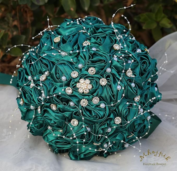 Bridal Wedding Bouquet Round Bling Brooch Bouquet Throw Toss Artificial Rose Flower Bunch for Bride Bridesmaid Wedding Quinceanera(Dark Green, 7.5")