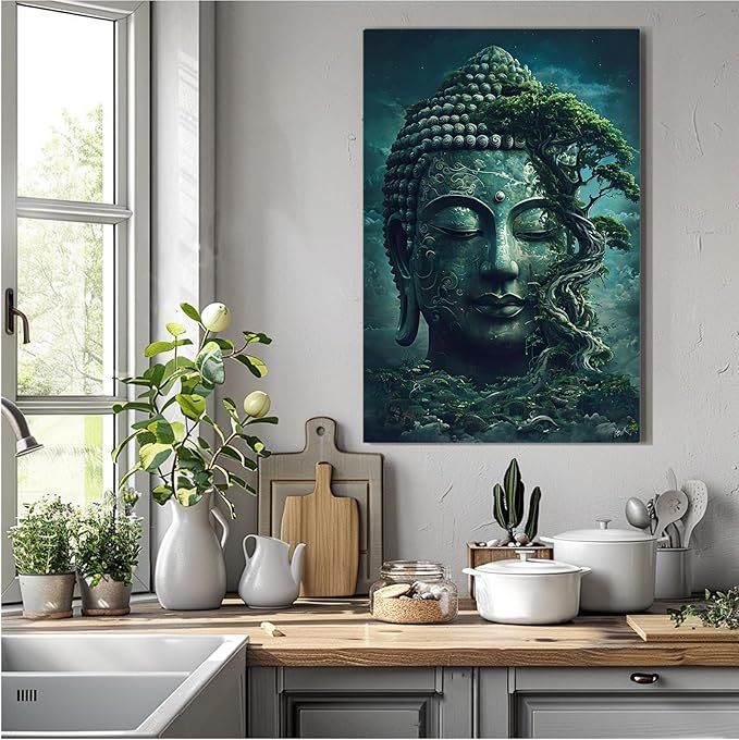 Buddha statue wall art canvas wall decor aesthetic picture mystical nature art for tranquil home and spiritual space 12x18in Frameless